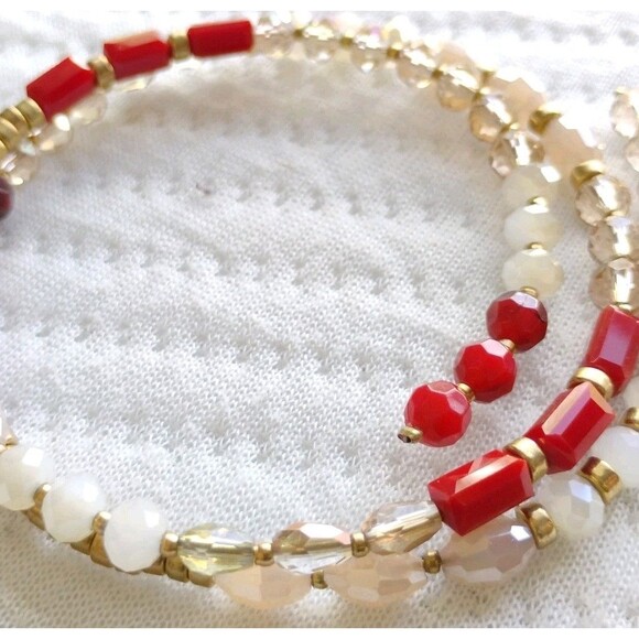 womens Boho bracelet Red/Gold Beaded Memory Wire Wrap White classic preppy - Picture 2 of 6